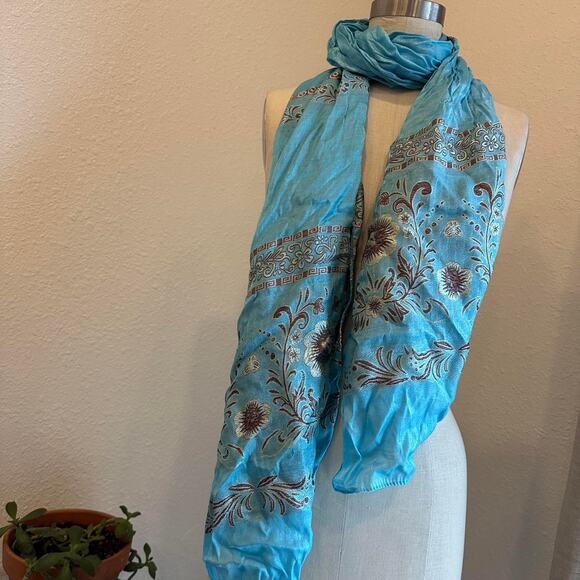 Women’s Scarf Aqua Blue Embroidered Oblong Scarf - Picture 2 of 3